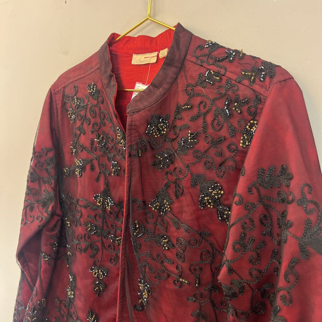 Choices Red/ Black Embroidered Embellished Open Front Jacket Large