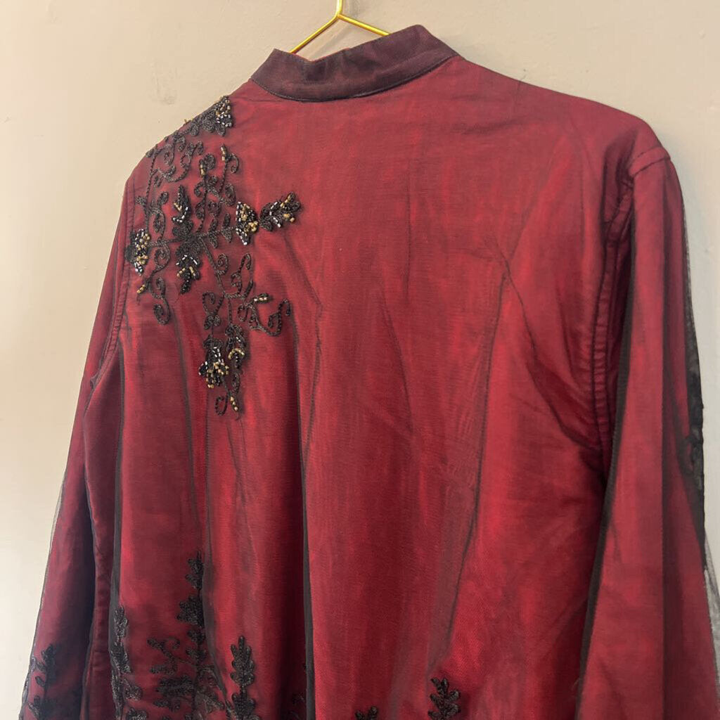 Choices Red/ Black Embroidered Embellished Open Front Jacket Large
