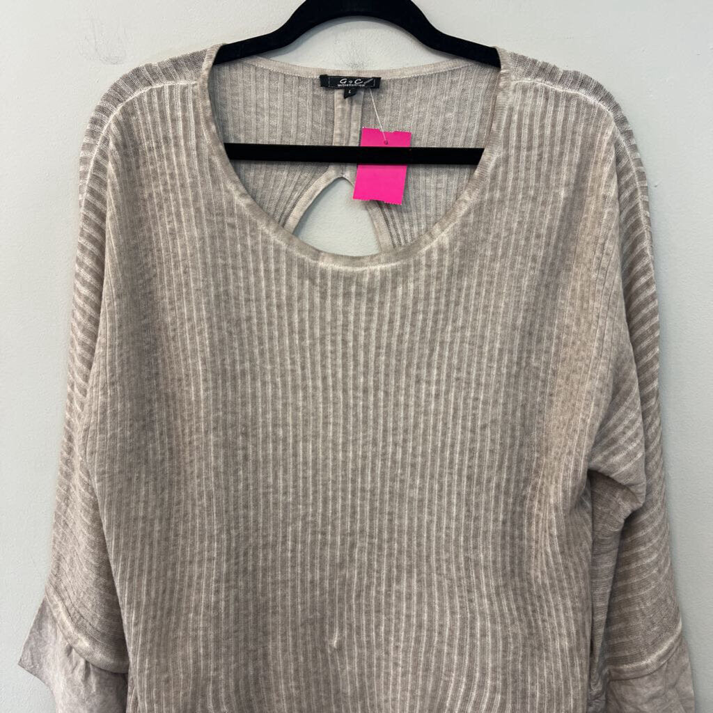 G and C Beige Ribbed Long Sleeve Open Back Layered Top Large