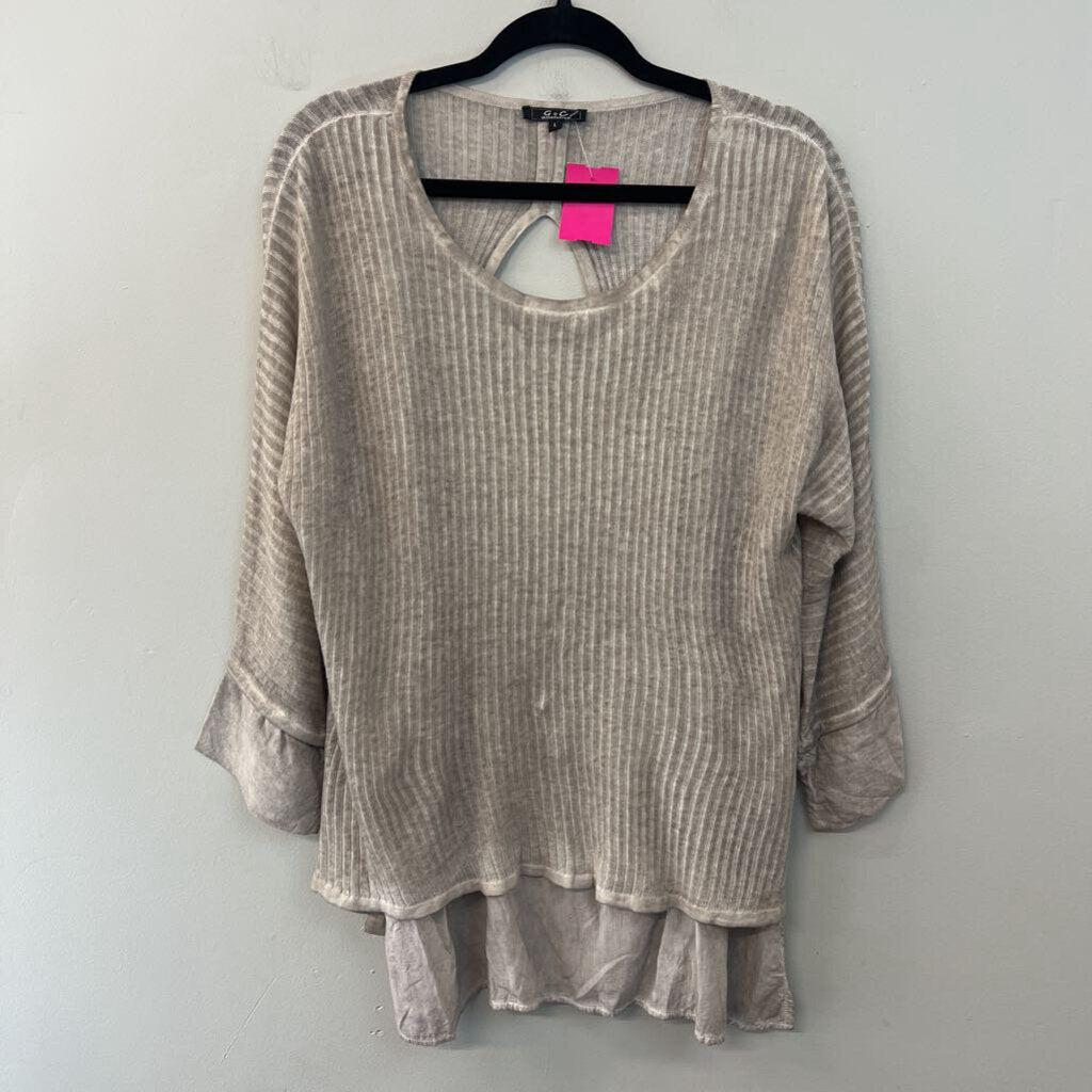 G and C Beige Ribbed Long Sleeve Open Back Layered Top Large