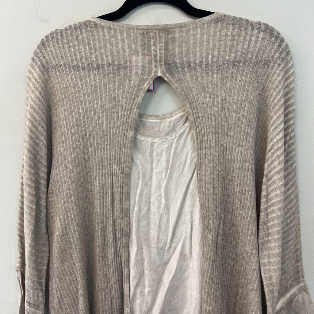 G and C Beige Ribbed Long Sleeve Open Back Layered Top Large
