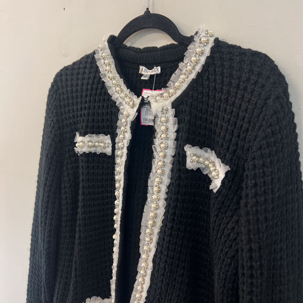 Adore Black Knit Pearl Embellished Edge Open Front Sweater Extra Large
