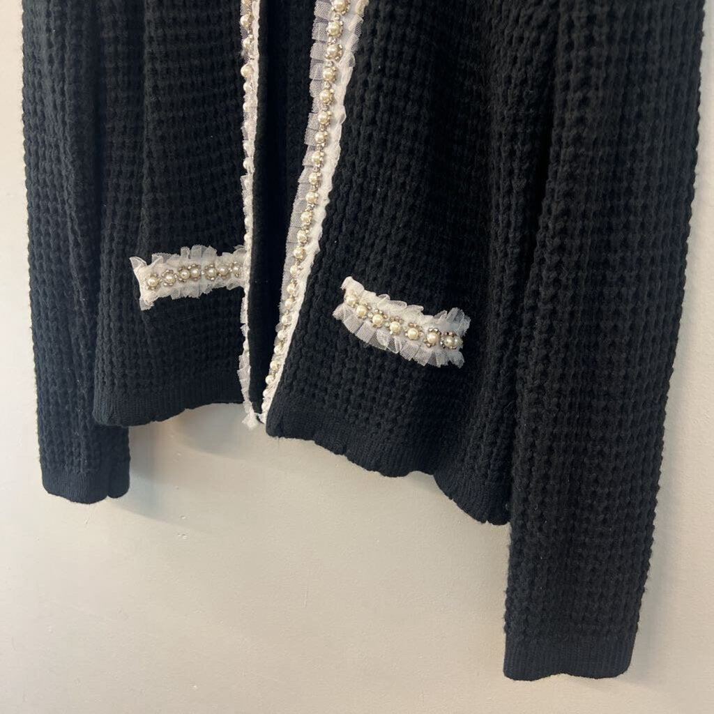 Adore Black Knit Pearl Embellished Edge Open Front Sweater Extra Large
