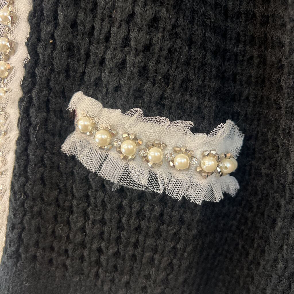 Adore Black Knit Pearl Embellished Edge Open Front Sweater Extra Large