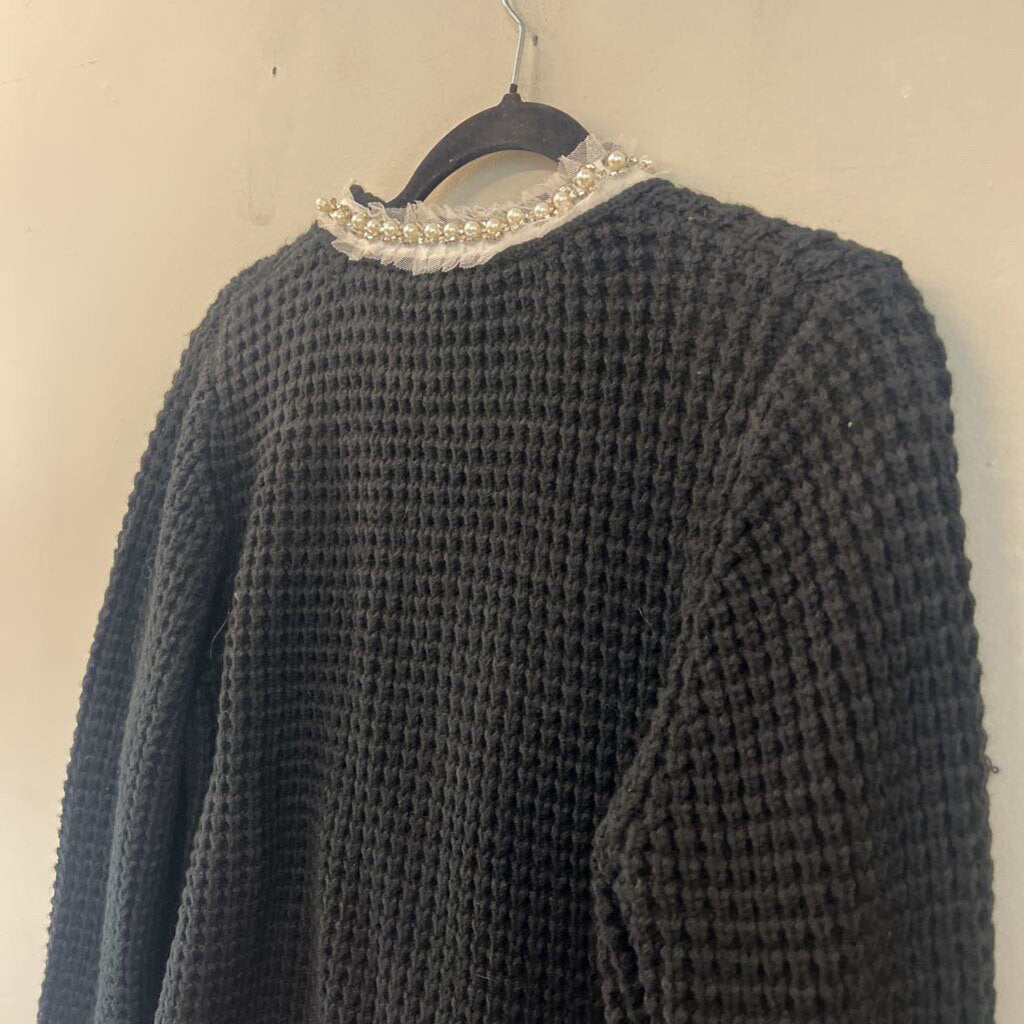 Adore Black Knit Pearl Embellished Edge Open Front Sweater Extra Large