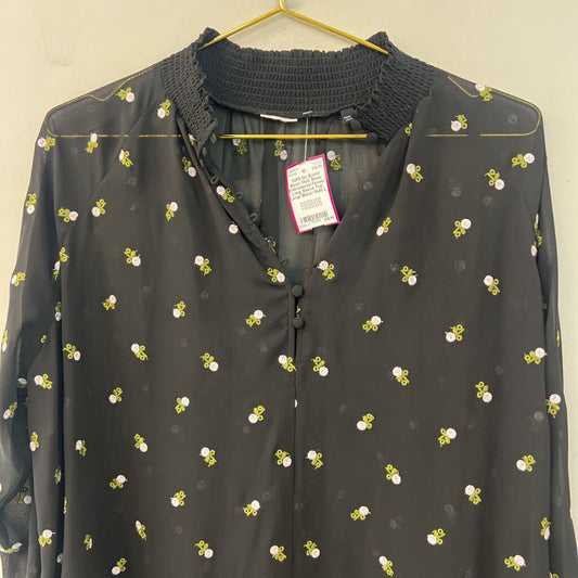 Black/ Multi Sheer Embroidered Flower Long Sleeve Top Large