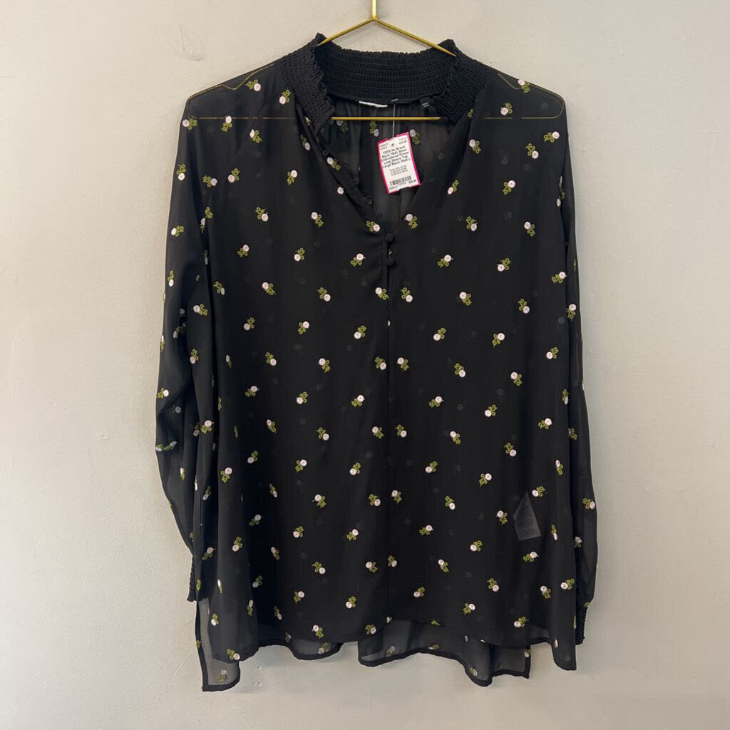 Black/ Multi Sheer Embroidered Flower Long Sleeve Top Large