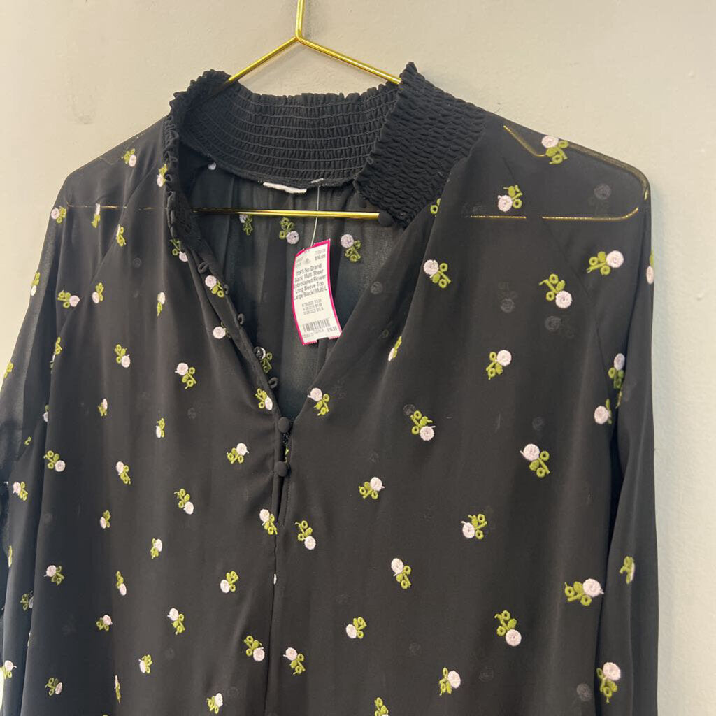 Black/ Multi Sheer Embroidered Flower Long Sleeve Top Large