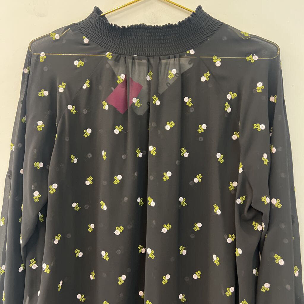 Black/ Multi Sheer Embroidered Flower Long Sleeve Top Large