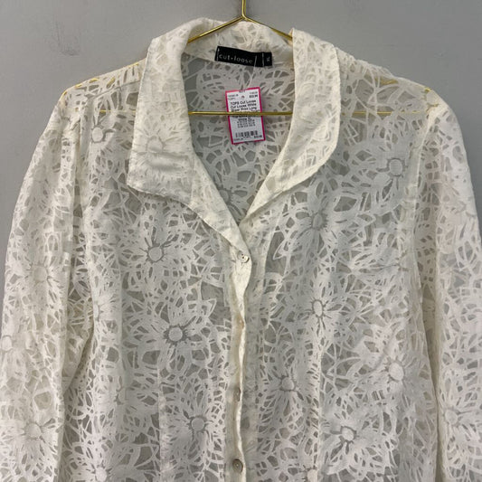 Cut Loose White Sheer Print Long Sleeve Button Down Top Extra Large