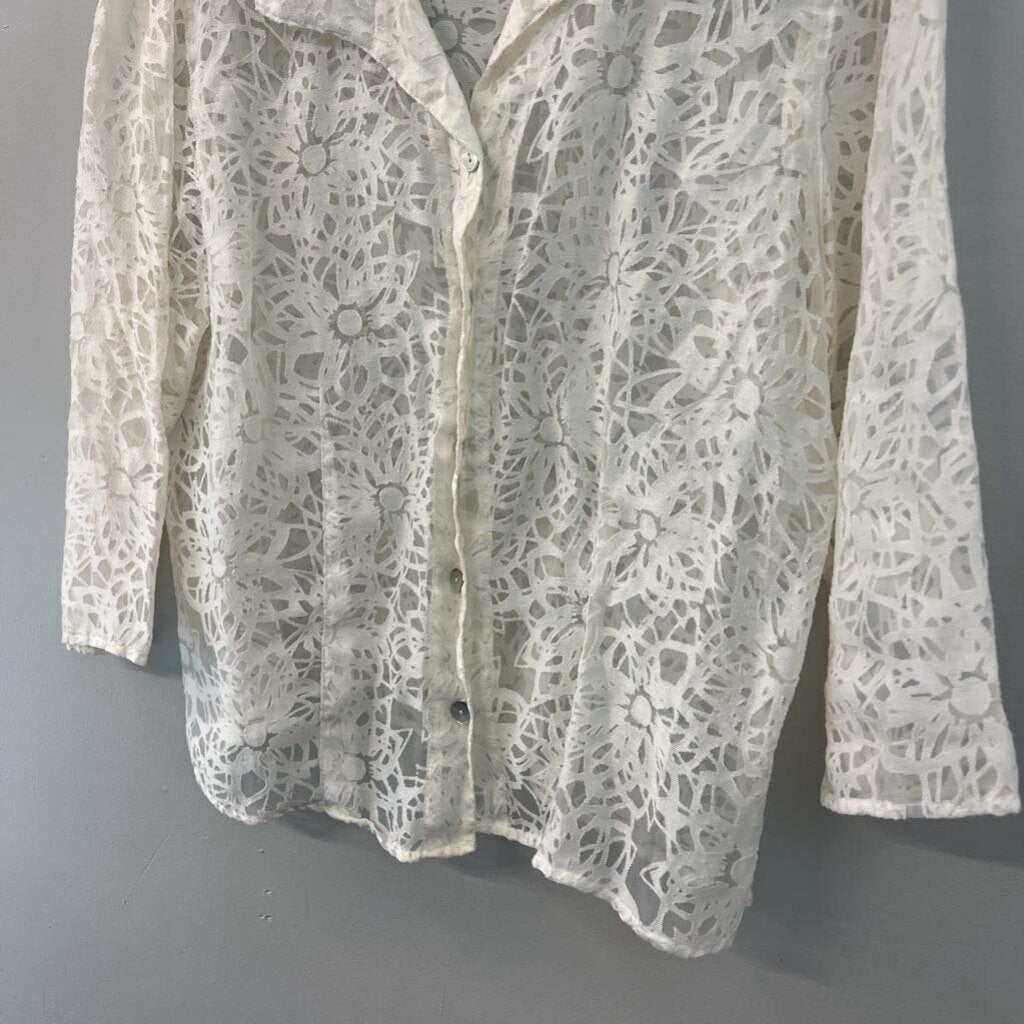 Cut Loose White Sheer Print Long Sleeve Button Down Top Extra Large