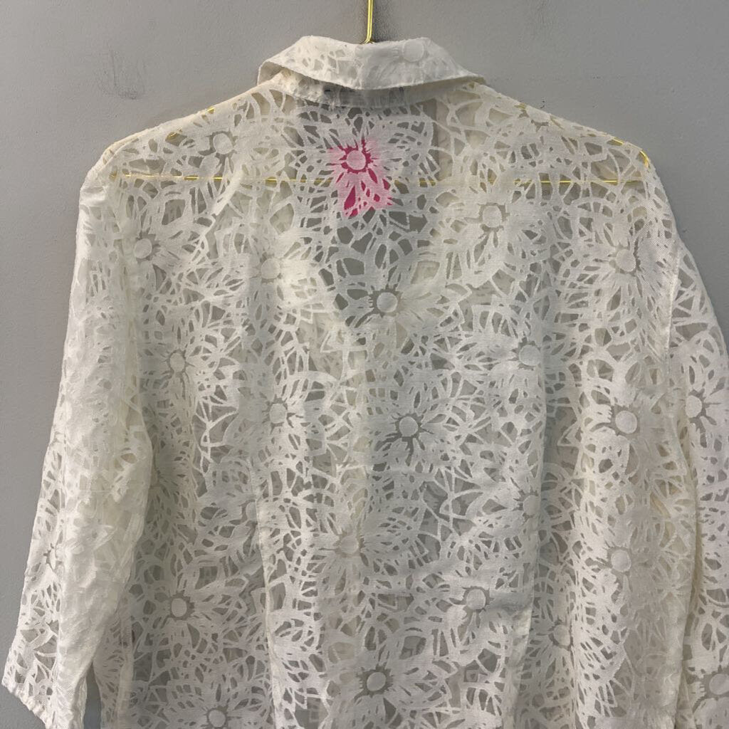 Cut Loose White Sheer Print Long Sleeve Button Down Top Extra Large
