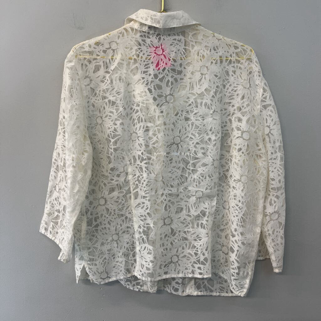 Cut Loose White Sheer Print Long Sleeve Button Down Top Extra Large