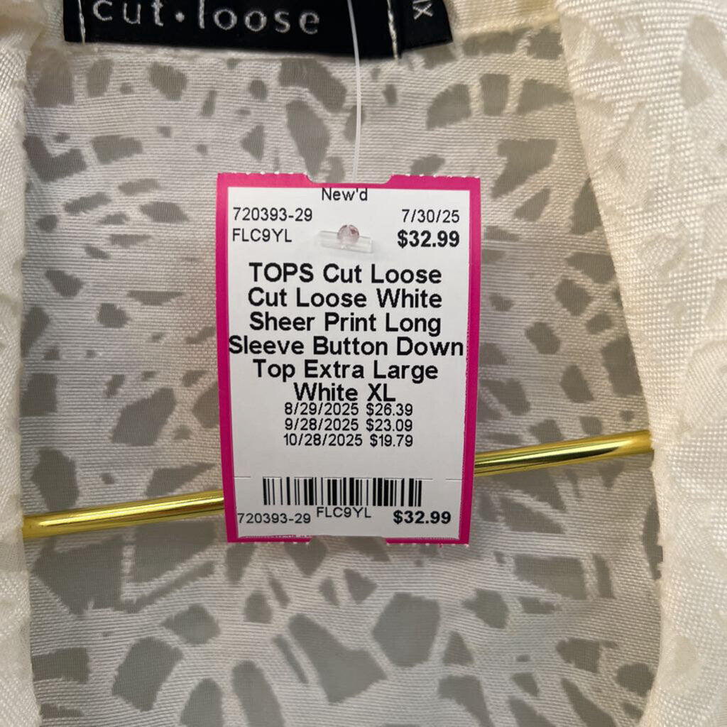 Cut Loose White Sheer Print Long Sleeve Button Down Top Extra Large