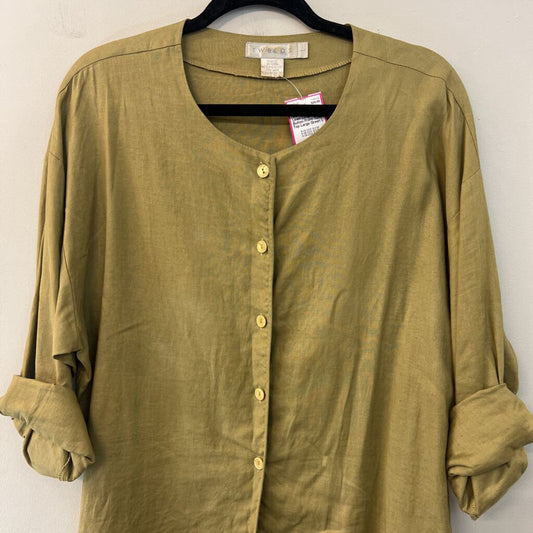 Tweeds Green 100% Linen Long Sleeve Button Front Tunic Top Large