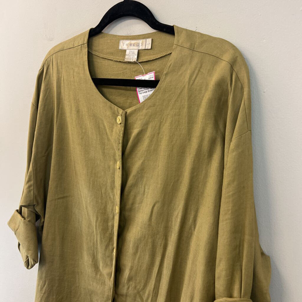 Tweeds Green 100% Linen Long Sleeve Button Front Tunic Top Large
