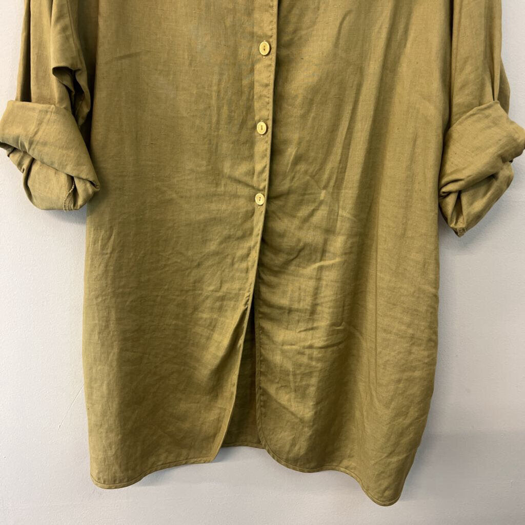 Tweeds Green 100% Linen Long Sleeve Button Front Tunic Top Large