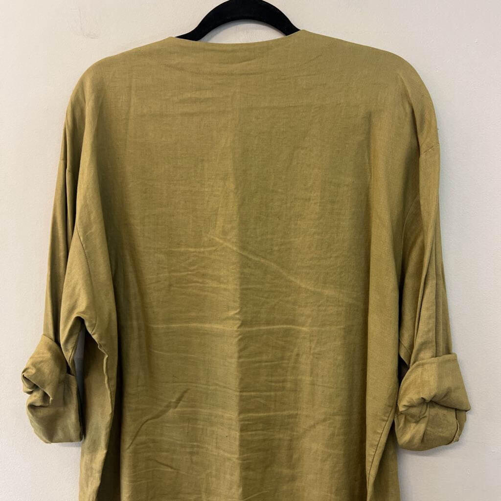 Tweeds Green 100% Linen Long Sleeve Button Front Tunic Top Large