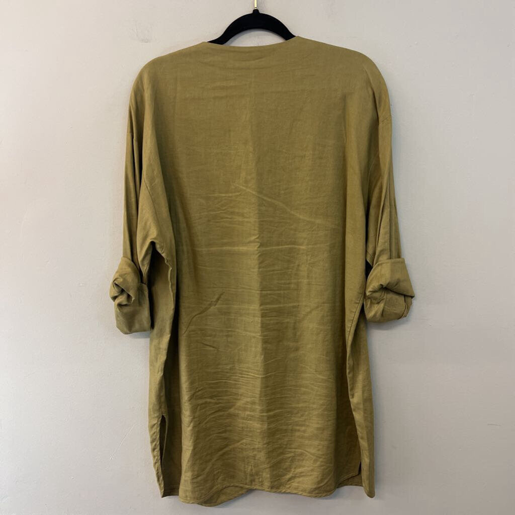 Tweeds Green 100% Linen Long Sleeve Button Front Tunic Top Large