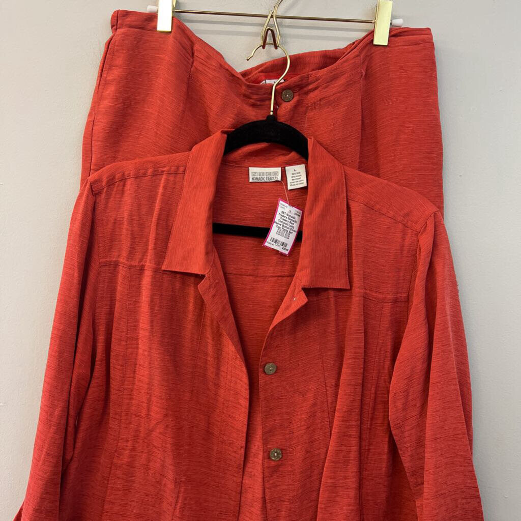 Nomadic Traders Red Textured Long Sleeve Button Down Top/ Pants Set Large
