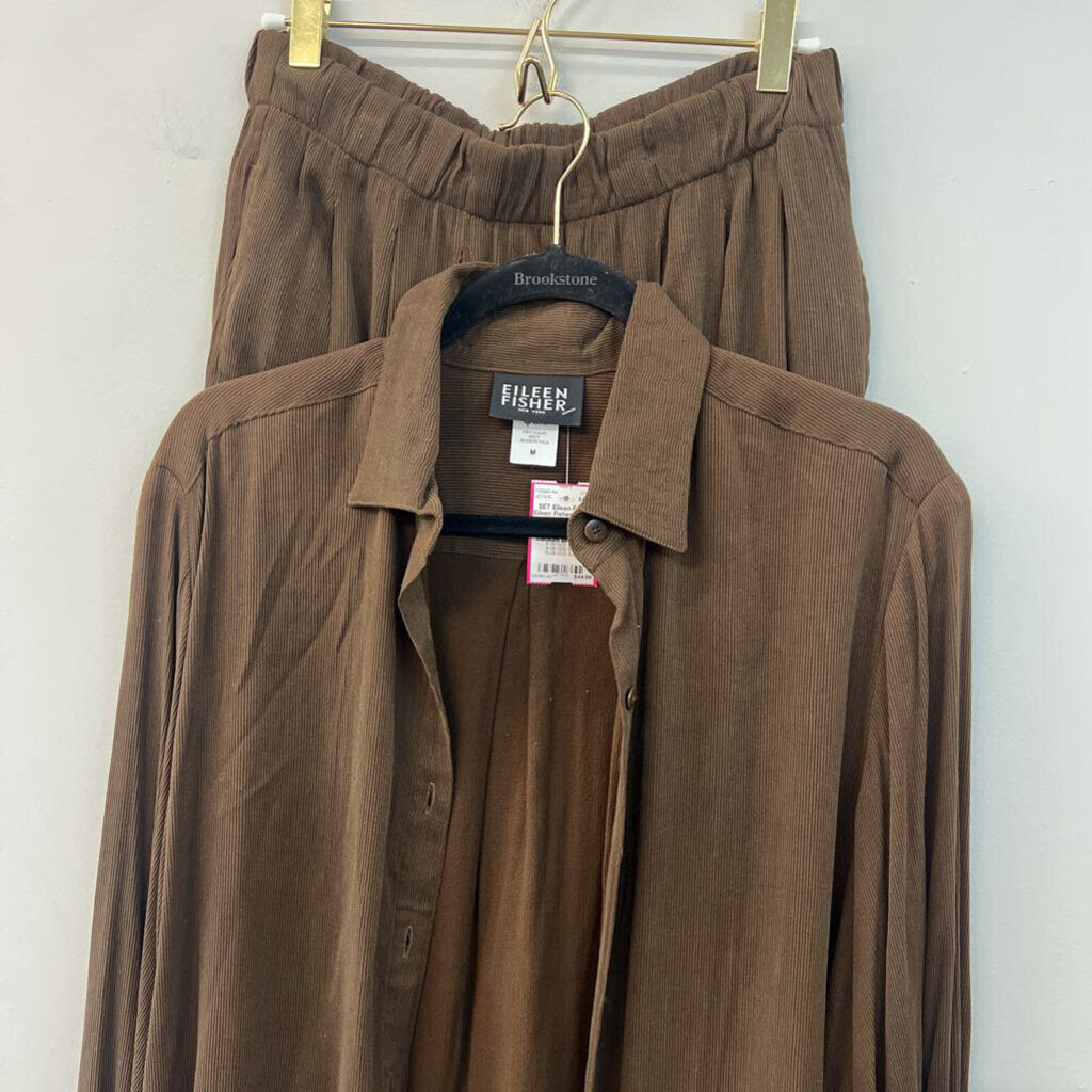 Eileen Fisher Brown Ribbed Long Sleeve Button Down/ Pants Set Medium