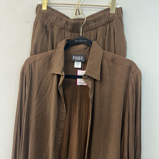 Eileen Fisher Brown Ribbed Long Sleeve Button Down/ Pants Set Medium