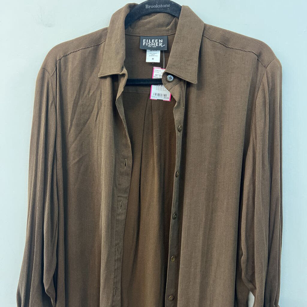 Eileen Fisher Brown Ribbed Long Sleeve Button Down/ Pants Set Medium
