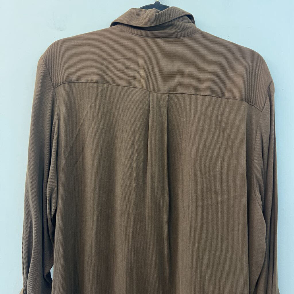Eileen Fisher Brown Ribbed Long Sleeve Button Down/ Pants Set Medium
