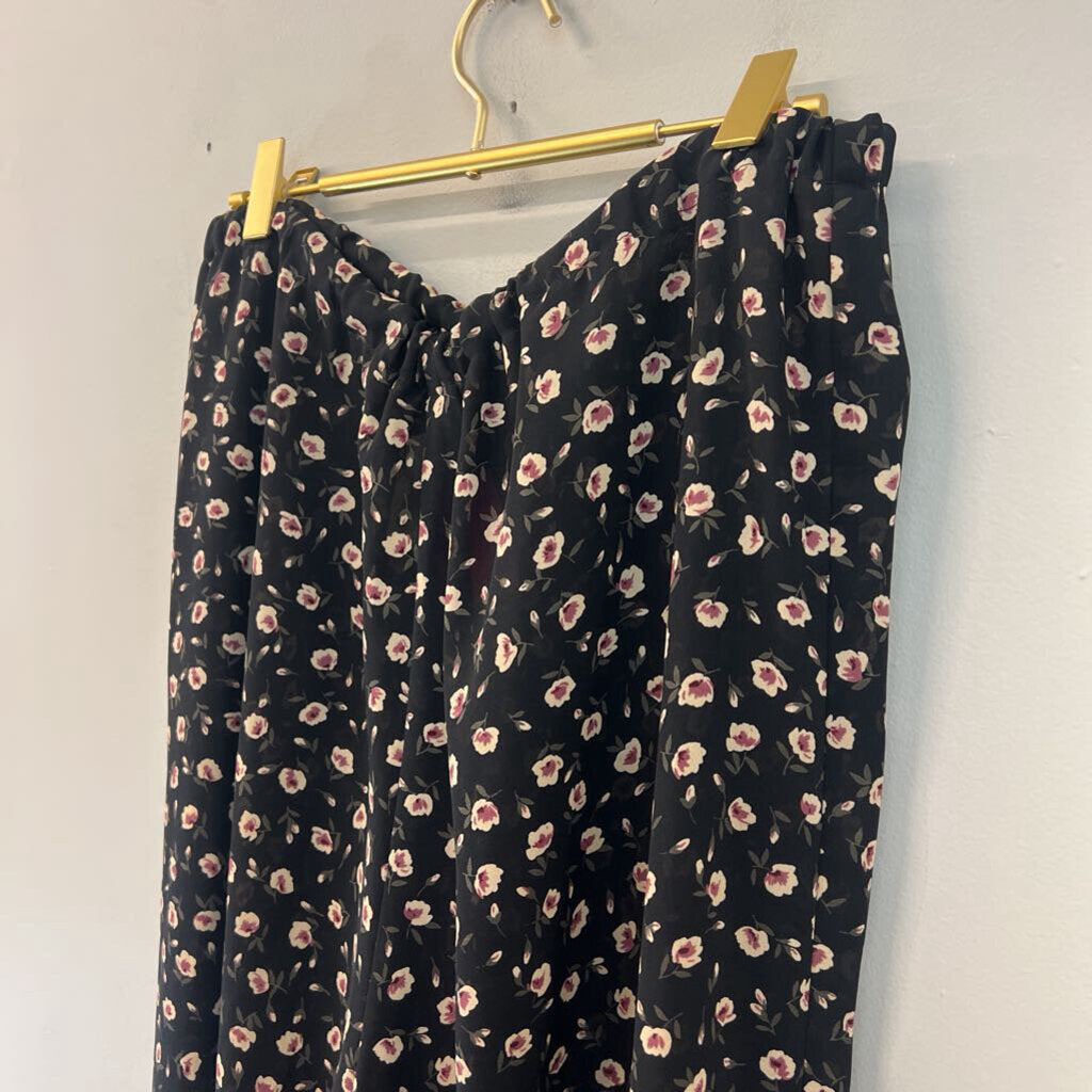 Zoe Black/ Beige Flower Print Wide Leg Pull On Pants Large