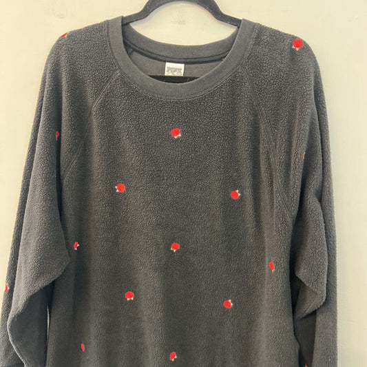 Pink Black Fuzzy Embroidered Rose Long Sleeve Pullover Large