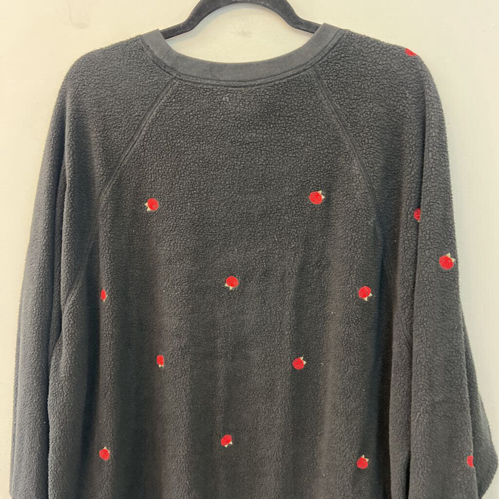 Pink Black Fuzzy Embroidered Rose Long Sleeve Pullover Large