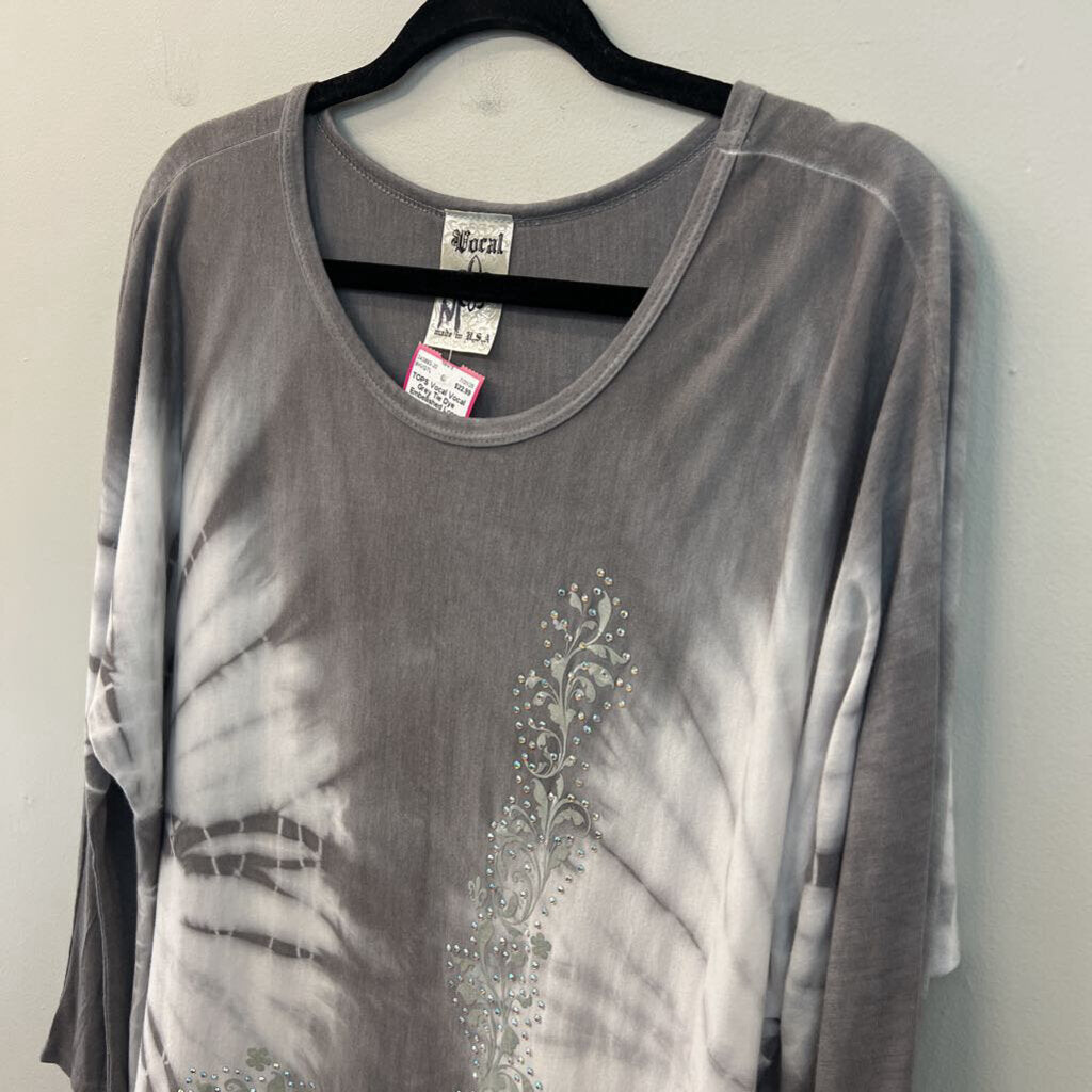 Vocal Grey Tie Dye Embellished Long Sleeve Top Medium
