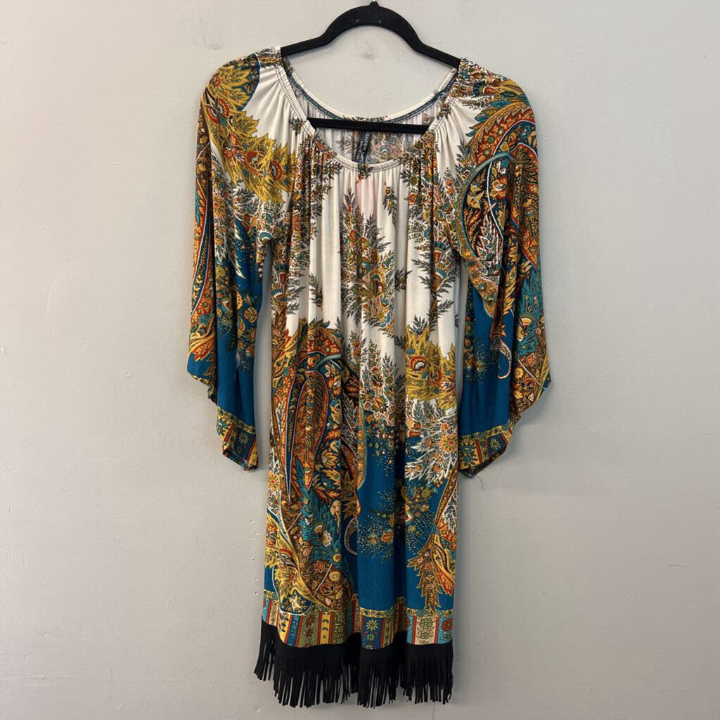 Super Nova White/ Multi Print Long Sleeve Fringe Hem Dress Small