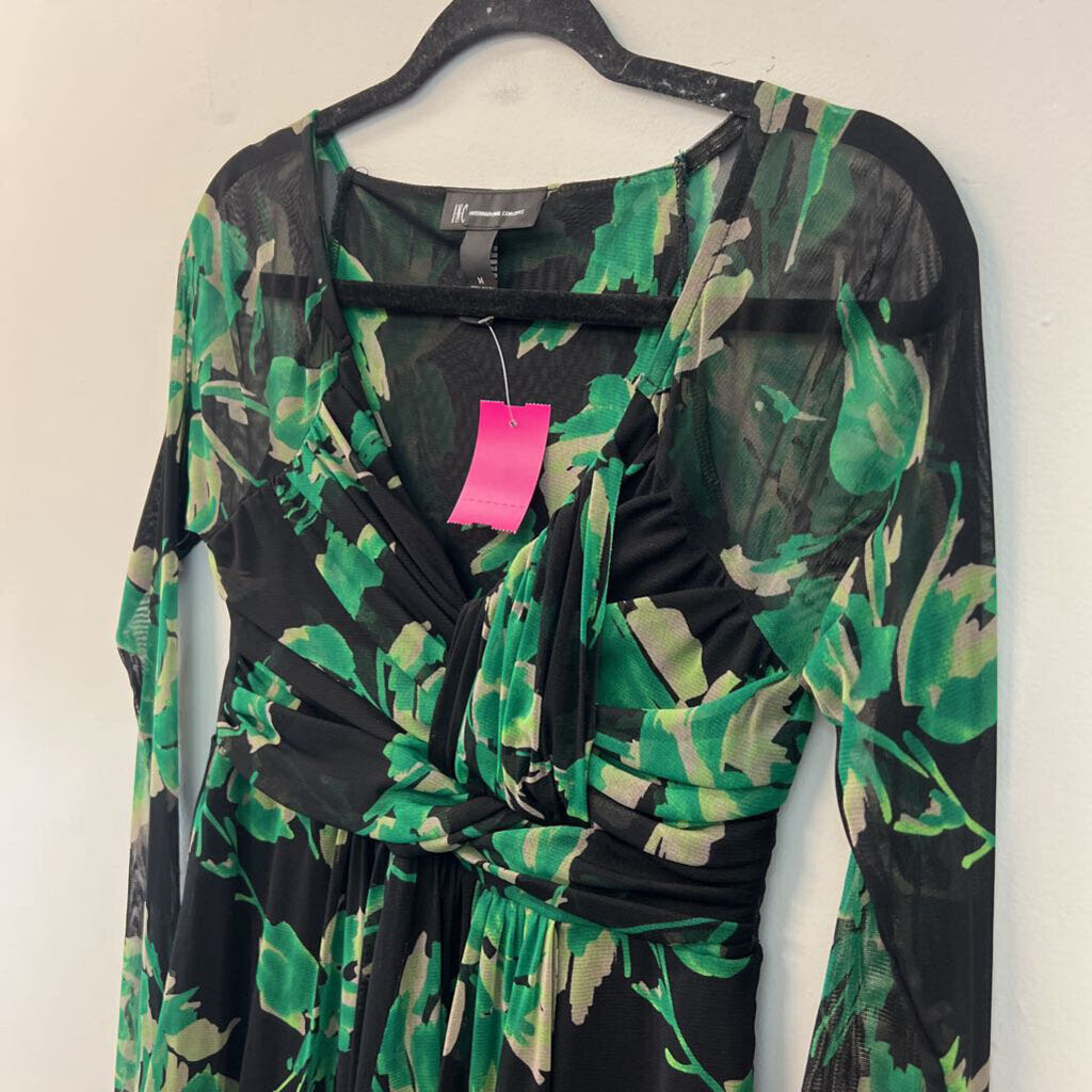 INC Black/ Green Print Long Sleeve Top Medium