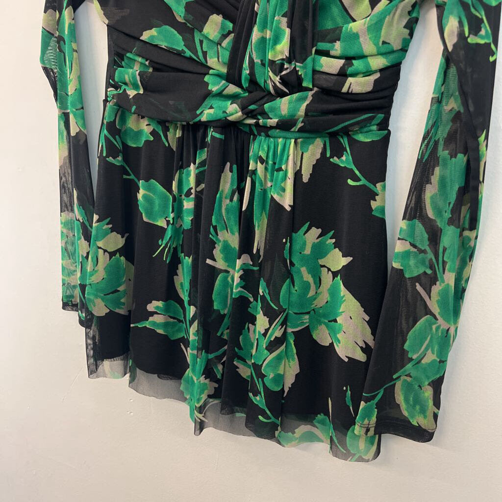 INC Black/ Green Print Long Sleeve Top Medium
