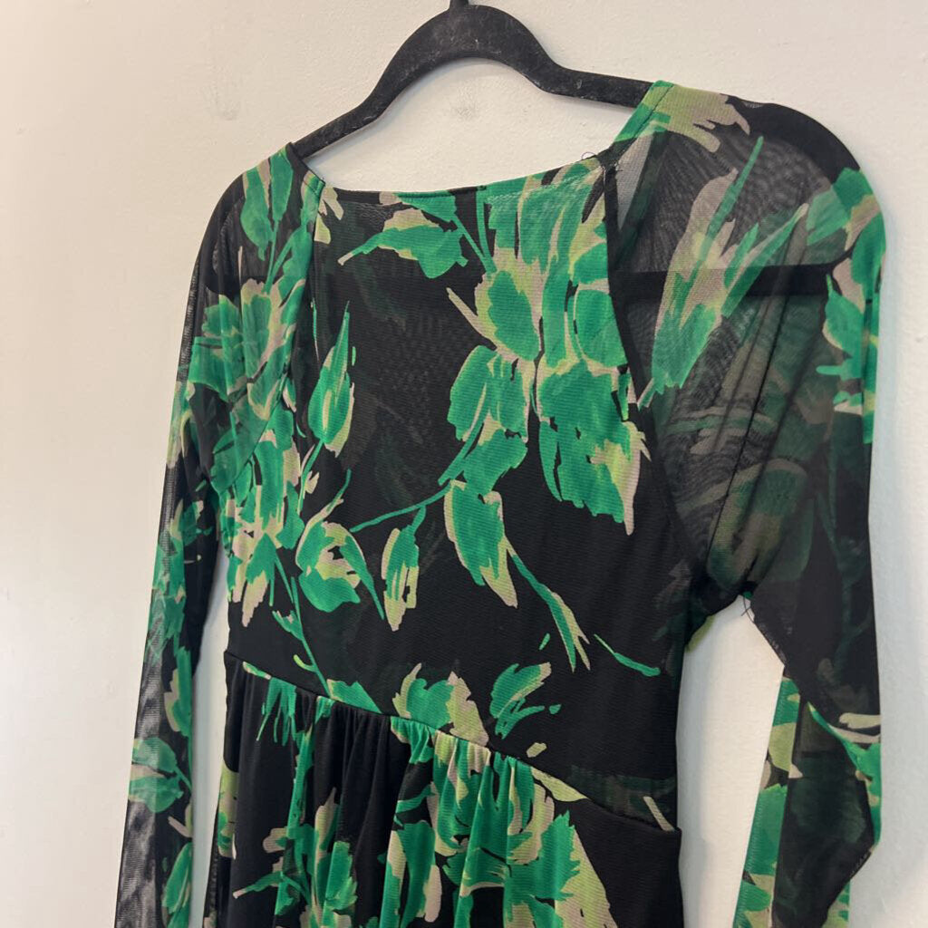 INC Black/ Green Print Long Sleeve Top Medium
