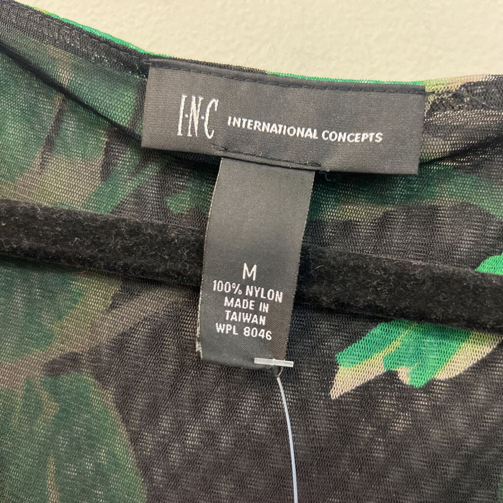 INC Black/ Green Print Long Sleeve Top Medium