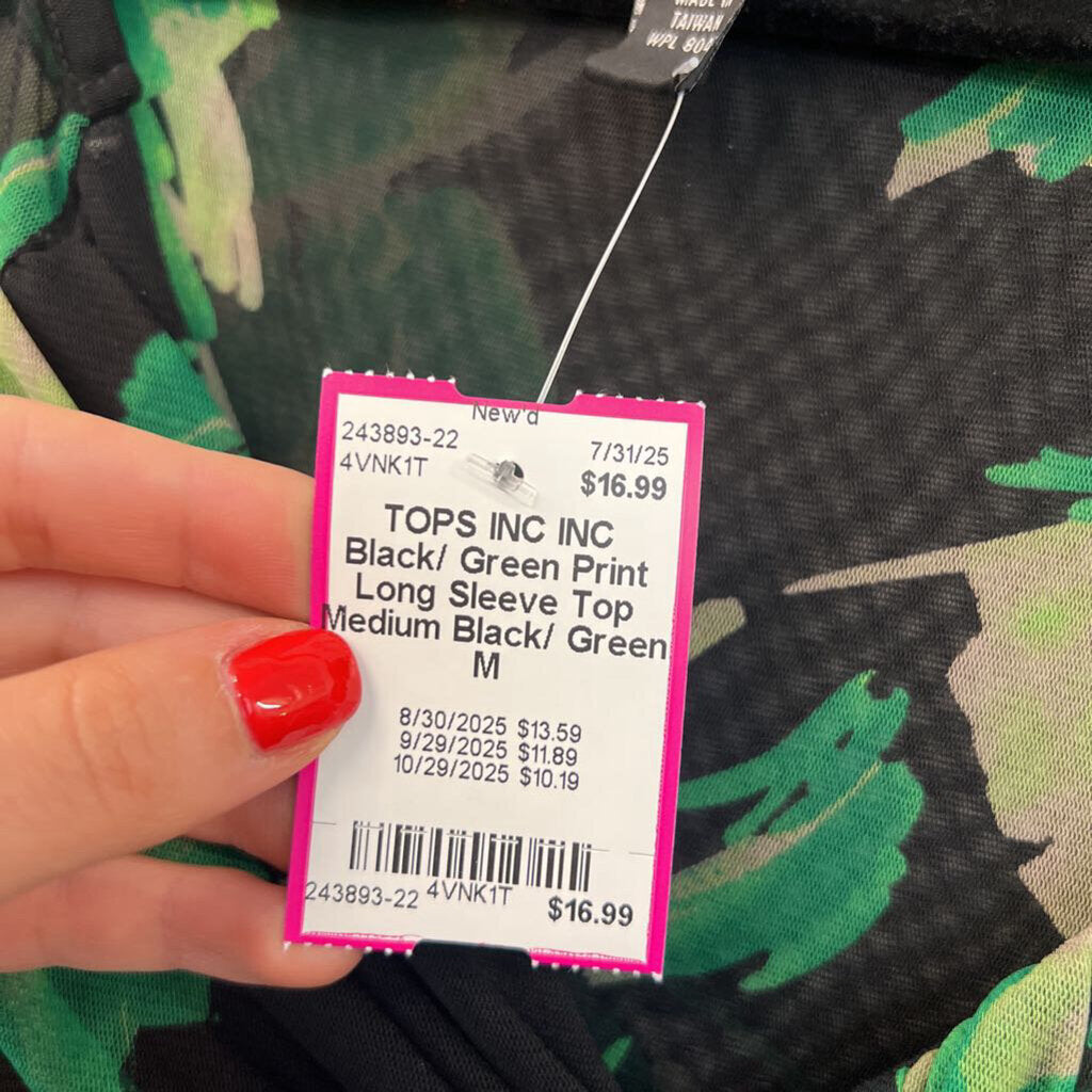 INC Black/ Green Print Long Sleeve Top Medium