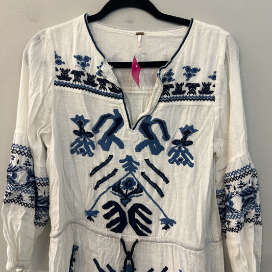 Free People White/ Blue Embroidered Long Sleeve Tunic Top Small