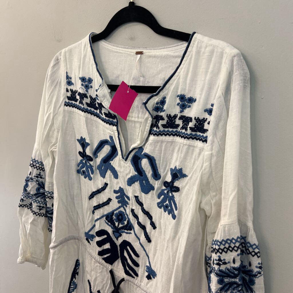 Free People White/ Blue Embroidered Long Sleeve Tunic Top Small