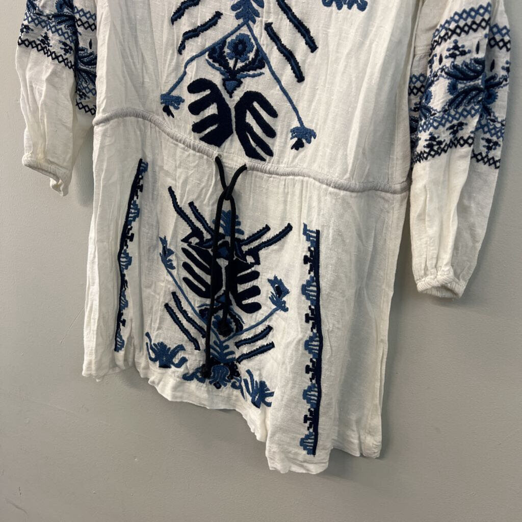 Free People White/ Blue Embroidered Long Sleeve Tunic Top Small