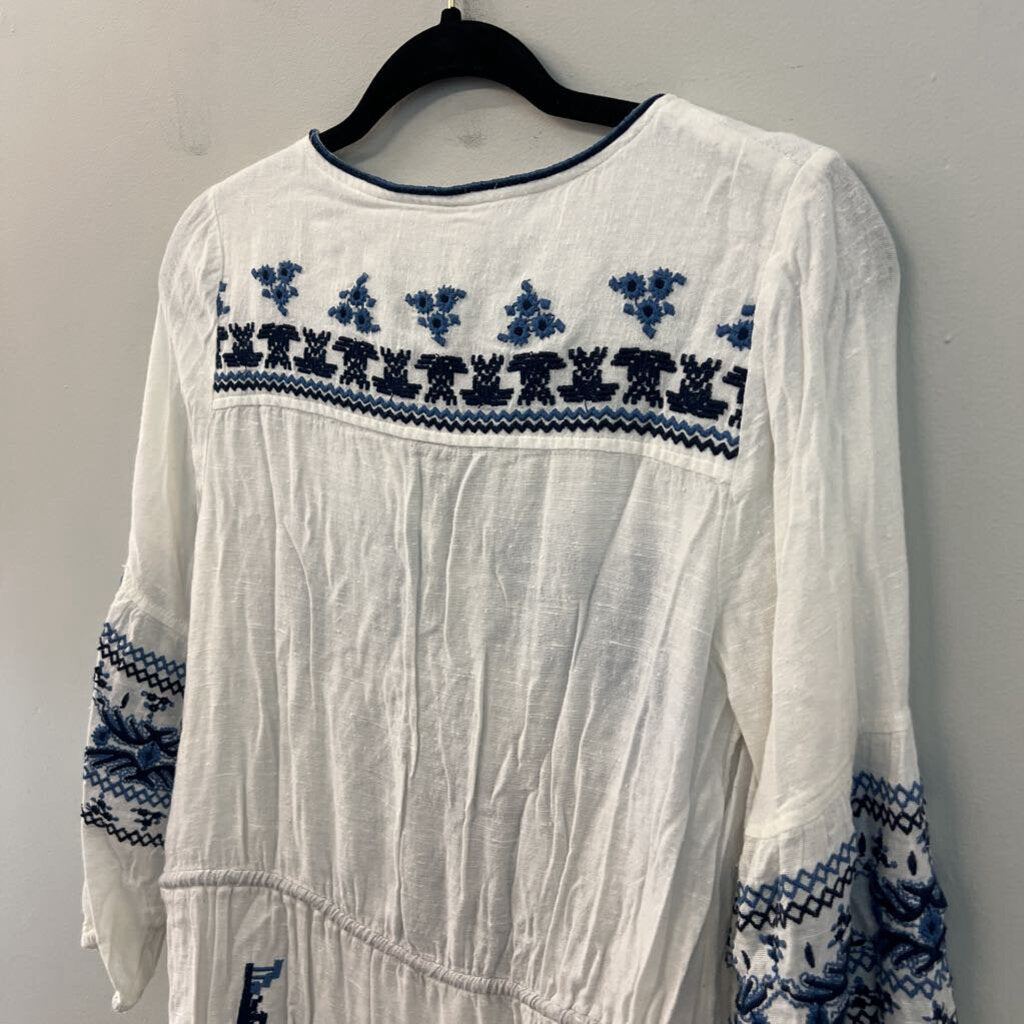 Free People White/ Blue Embroidered Long Sleeve Tunic Top Small
