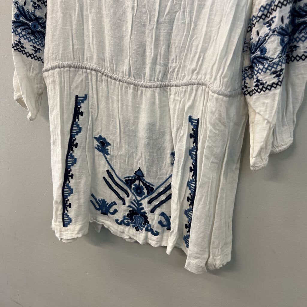 Free People White/ Blue Embroidered Long Sleeve Tunic Top Small