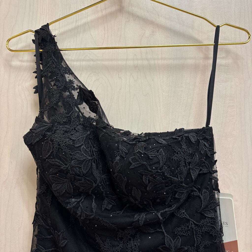 Stacees Black Embellished Lace One Shoulder Short Formal Dress 4