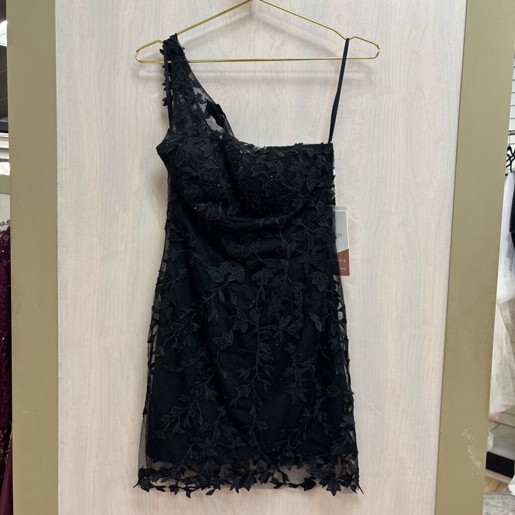 Stacees Black Embellished Lace One Shoulder Short Formal Dress 4