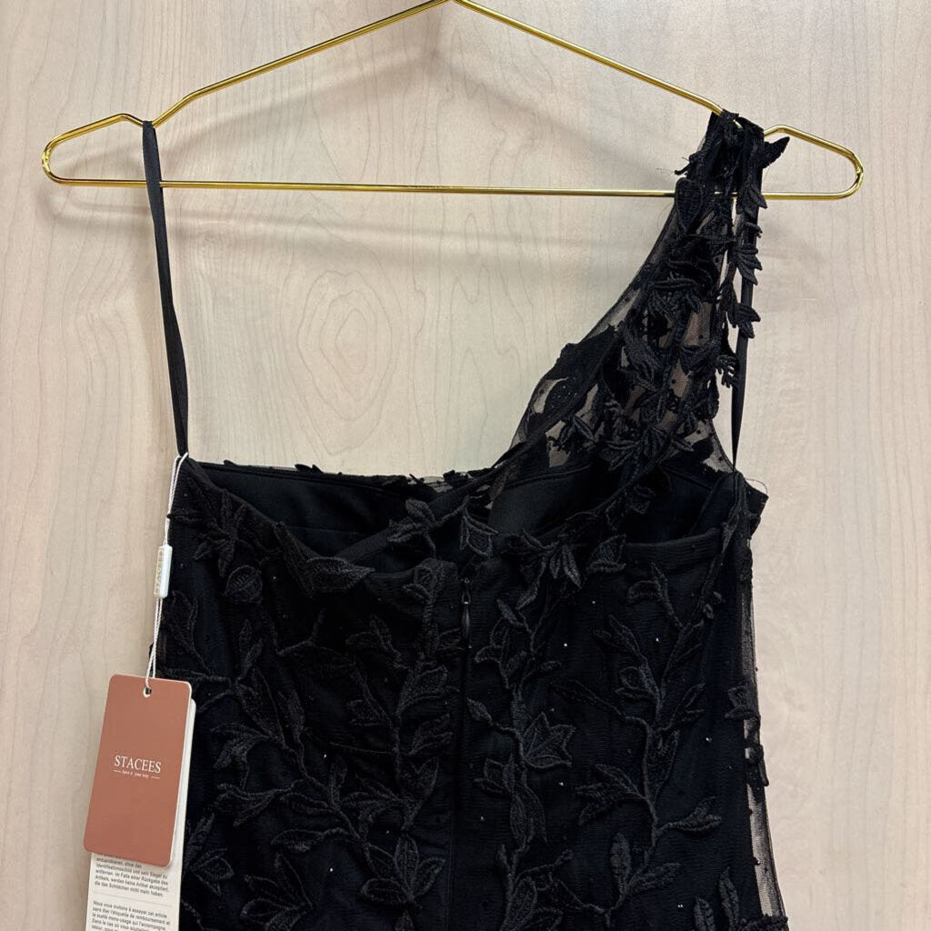 Stacees Black Embellished Lace One Shoulder Short Formal Dress 4
