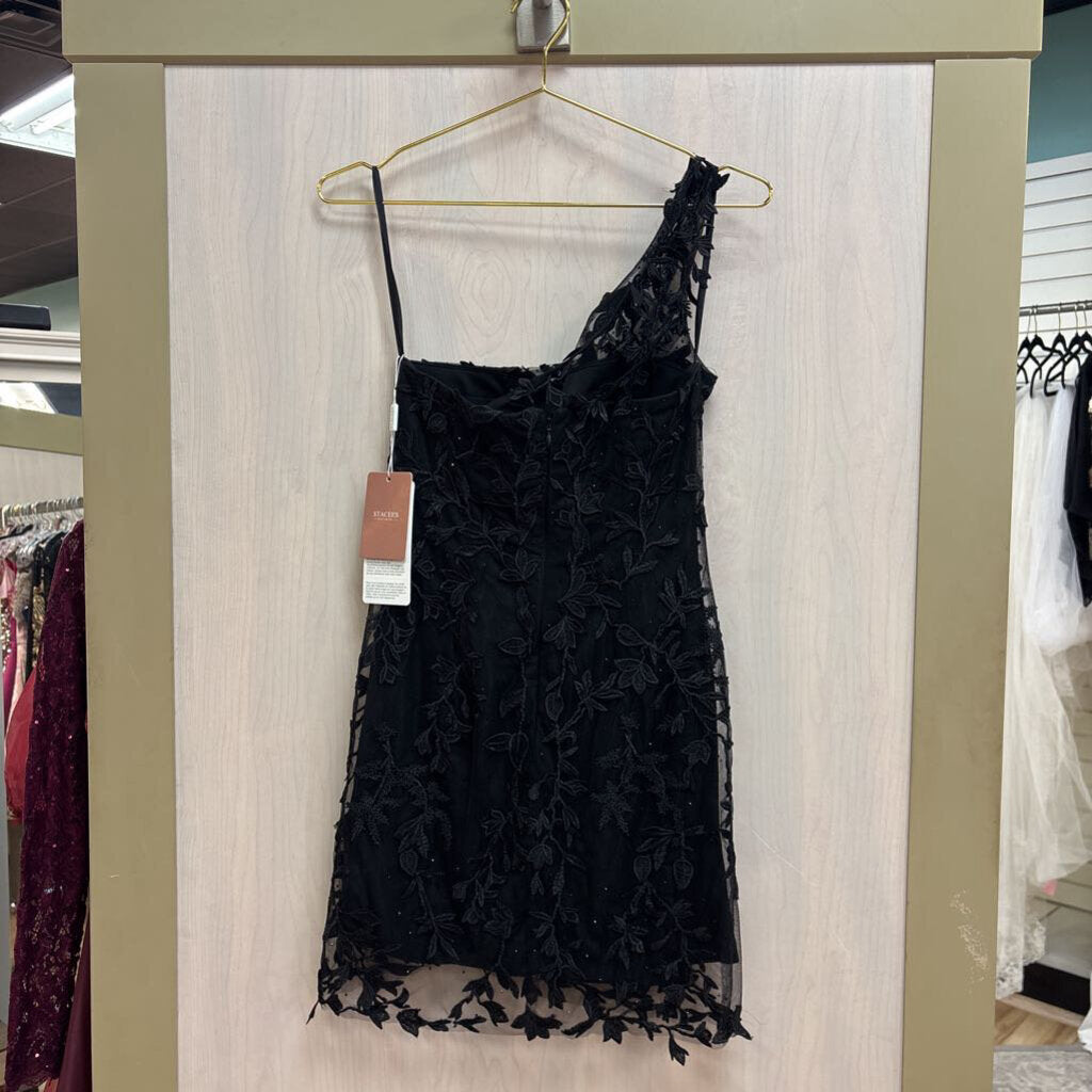 Stacees Black Embellished Lace One Shoulder Short Formal Dress 4