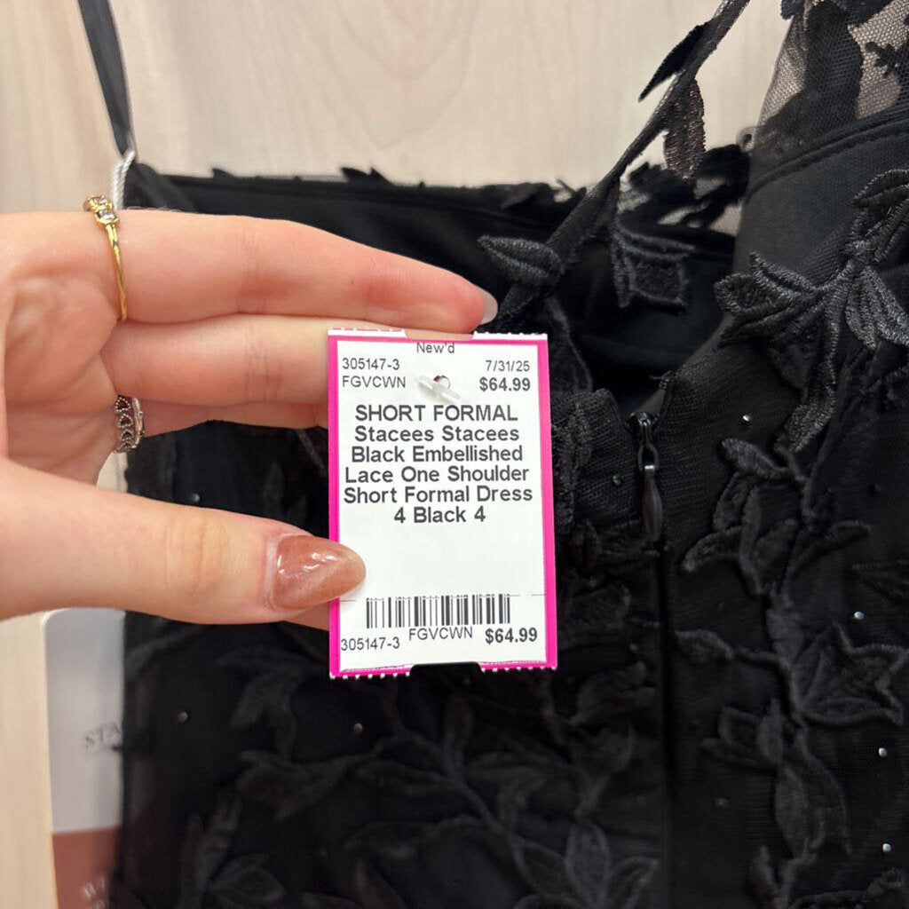 Stacees Black Embellished Lace One Shoulder Short Formal Dress 4