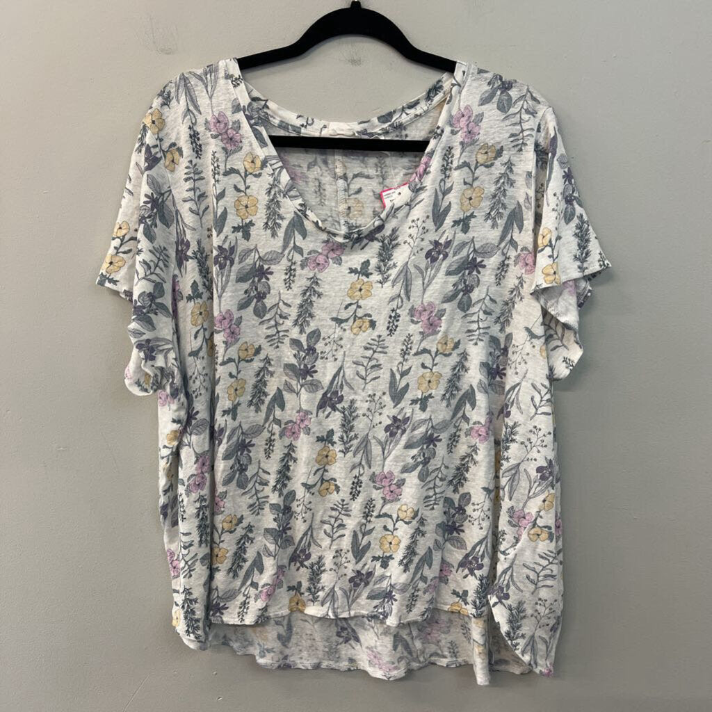 Rachel Ashwell White/ Multi Flower Print Short Sleeve Top 3X