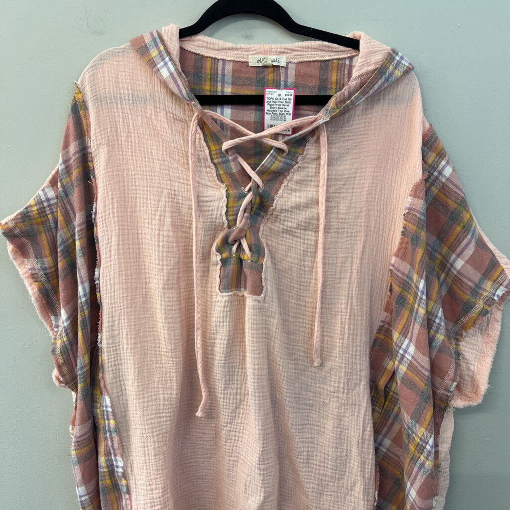 Oli and Hali Pink/ Multi Plaid Print Detail Short Sleeve Hooded Top One Size